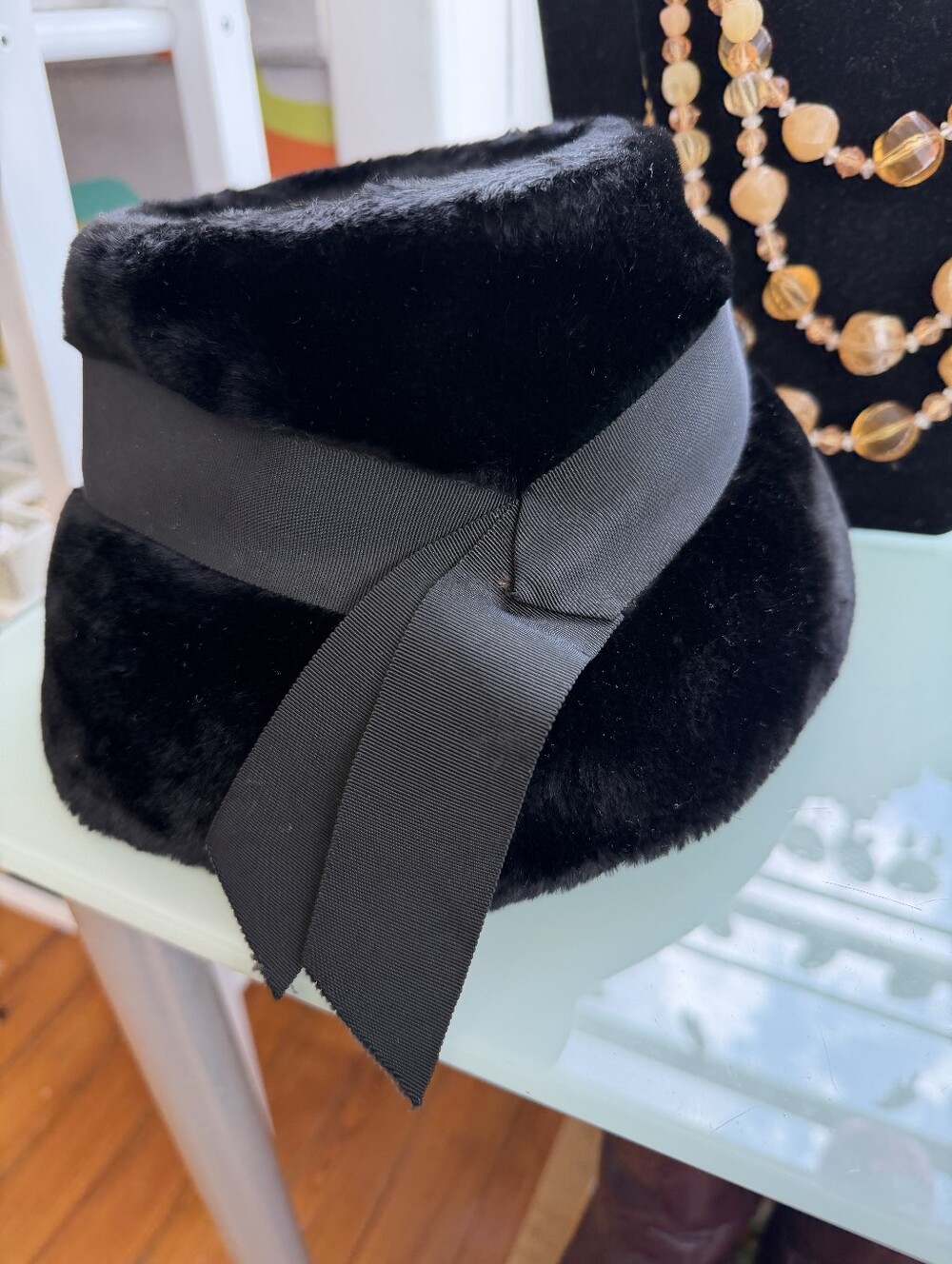 Vintage Norman Durand Black Faux Fur Bucket Hat with Grosgrain Ribbon